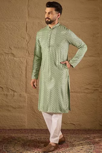Men green viscose rayon solid embroidered straight kurta with trouser