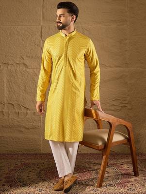Men yellow viscose rayon solid embroidered straight kurta with trouser 1
