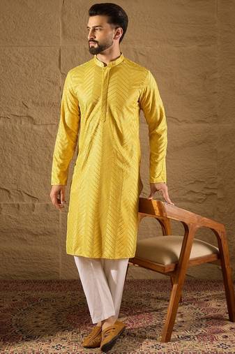 Men yellow viscose rayon solid embroidered straight kurta with trouser