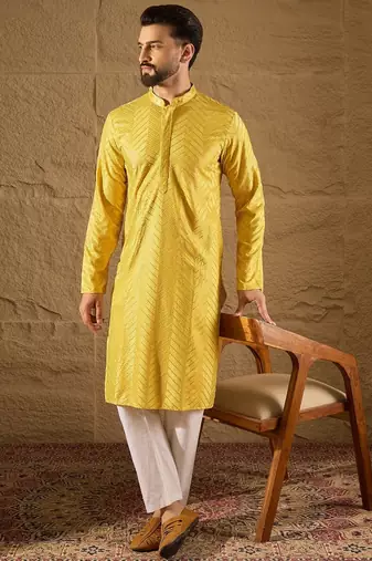 Men yellow viscose rayon solid embroidered straight kurta with trouser