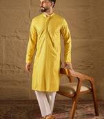 Men yellow viscose rayon solid embroidered straight kurta with trouser