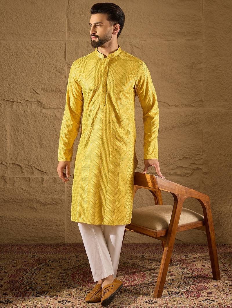 Men yellow viscose rayon solid embroidered straight kurta with trouser
