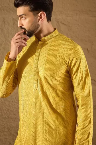 Men yellow viscose rayon solid embroidered straight kurta with trouser