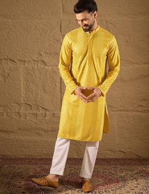 Men yellow viscose rayon solid embroidered straight kurta with trouser 3