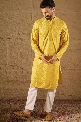 Men yellow viscose rayon solid embroidered straight kurta with trouser