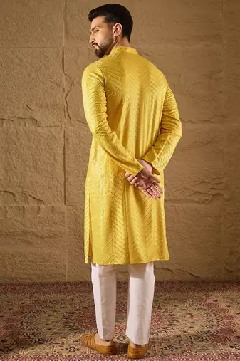 Men yellow viscose rayon solid embroidered straight kurta with trouser