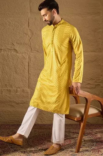 Men yellow viscose rayon solid embroidered straight kurta with trouser