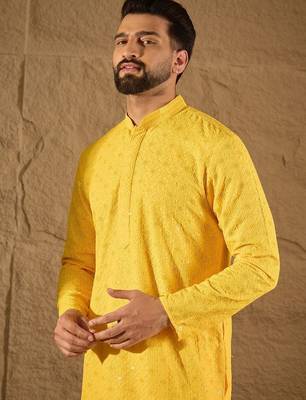 Men yellow viscose rayon solid embroidered straight kurta with pant set 1