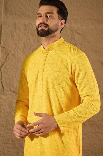 Men yellow viscose rayon solid embroidered straight kurta with pant set