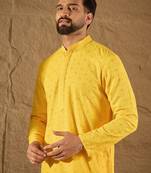 Men yellow viscose rayon solid embroidered straight kurta with pant set