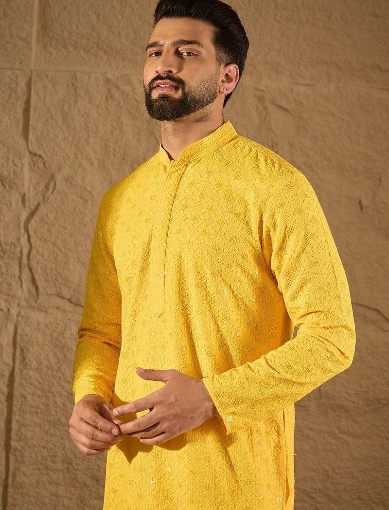 Men yellow viscose rayon solid embroidered straight kurta with pant set