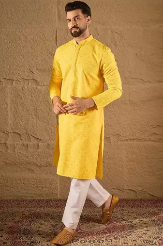 Men yellow viscose rayon solid embroidered straight kurta with pant set