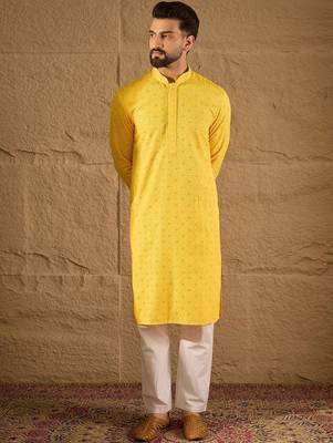 Men yellow viscose rayon solid embroidered straight kurta with pant set 3