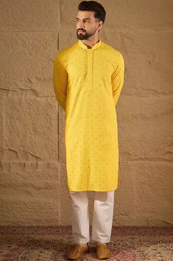 Men yellow viscose rayon solid embroidered straight kurta with pant set