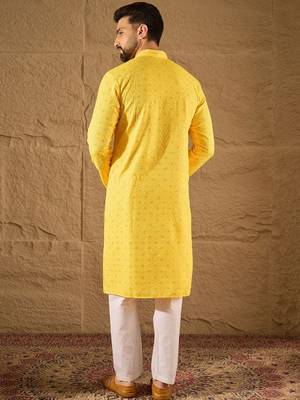 Men yellow viscose rayon solid embroidered straight kurta with pant set 4