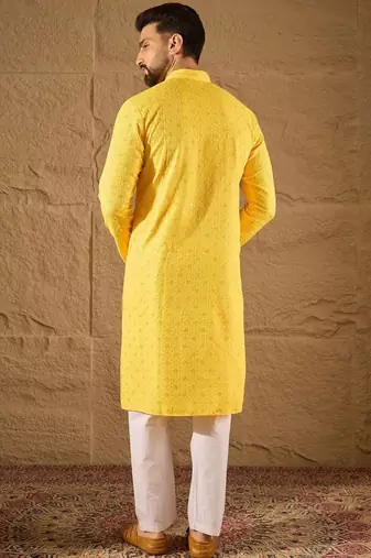 Men yellow viscose rayon solid embroidered straight kurta with pant set