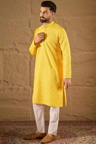 Men yellow viscose rayon solid embroidered straight kurta with pant set