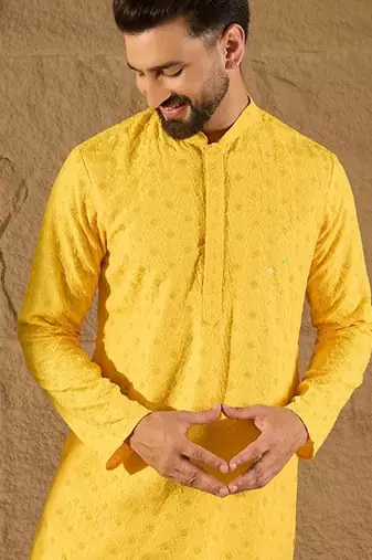 Men yellow viscose rayon solid embroidered straight kurta with pant set