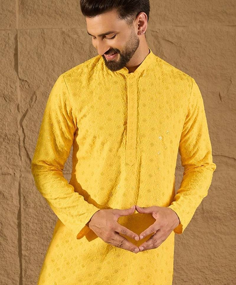Men yellow viscose rayon solid embroidered straight kurta with pant set