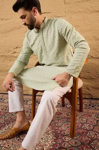Men green rayon blend solid embroidered straight kurta with pant set