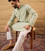Men green rayon blend solid embroidered straight kurta with pant set