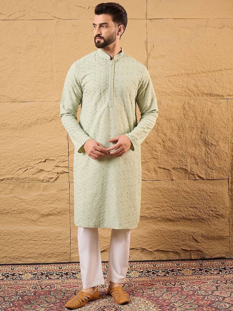 Men green rayon blend solid embroidered straight kurta with pant set