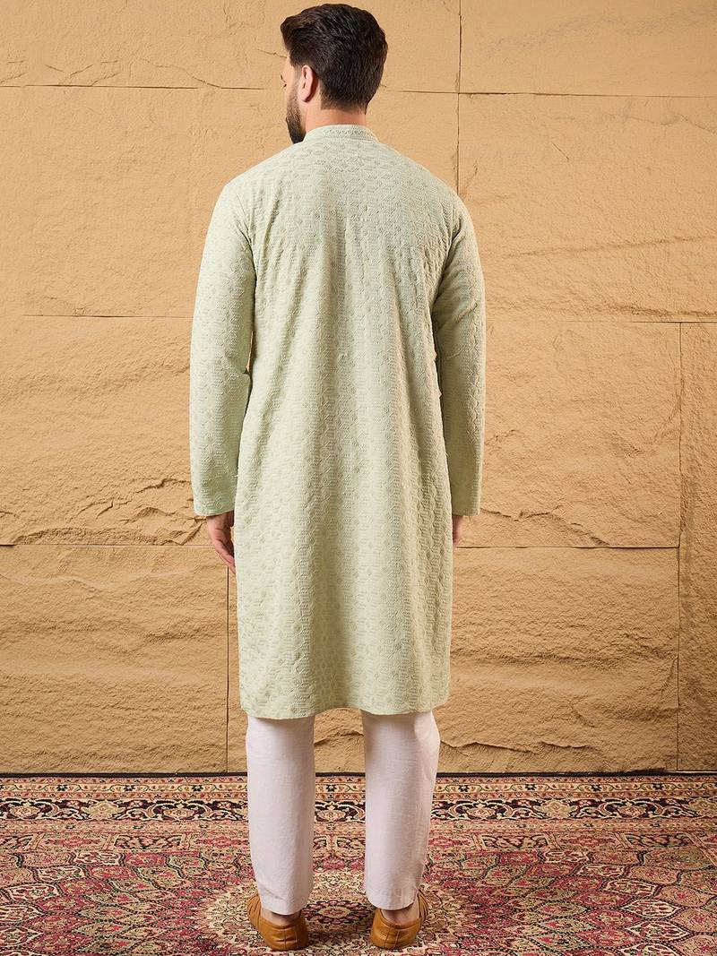 Men green rayon blend solid embroidered straight kurta with pant set
