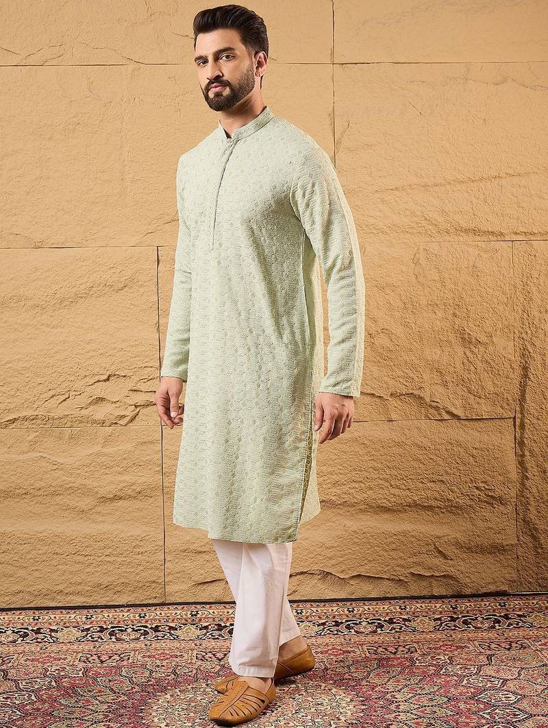 Men green rayon blend solid embroidered straight kurta with pant set