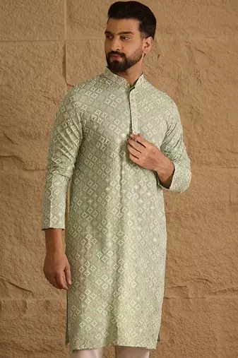 Men green viscose rayon solid embroidered straight kurta with pant set