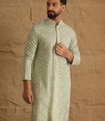 Men green viscose rayon solid embroidered straight kurta with pant set
