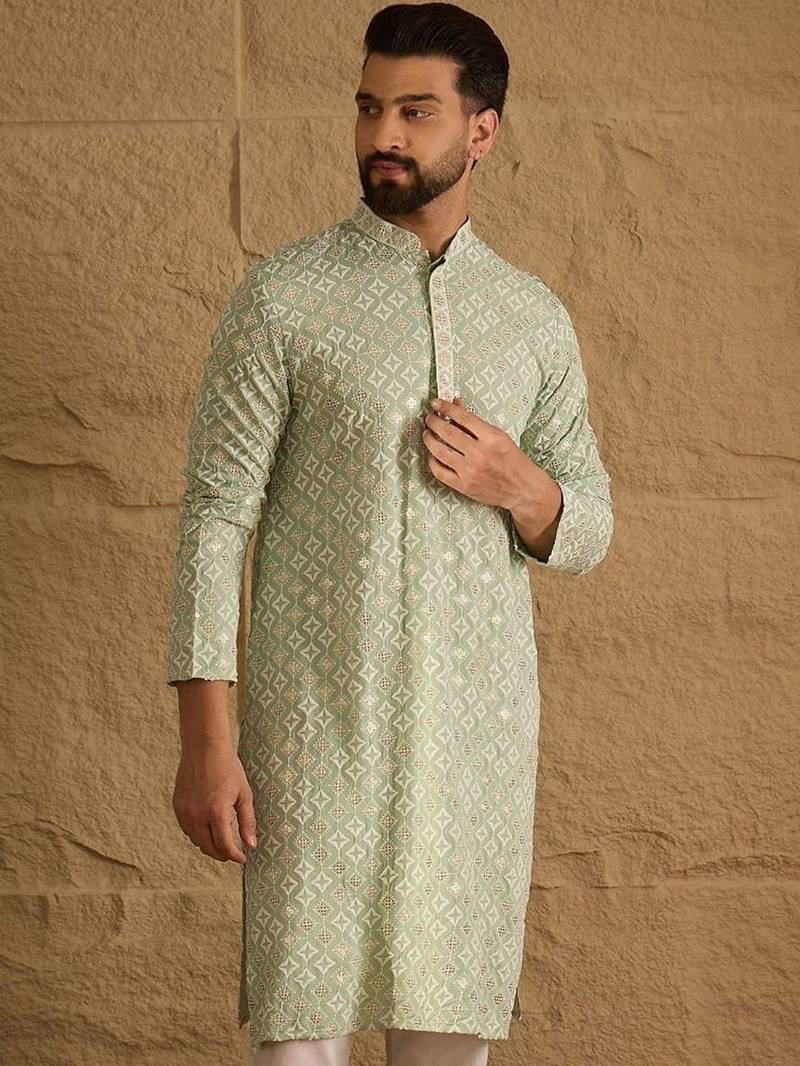 Men green viscose rayon solid embroidered straight kurta with pant set