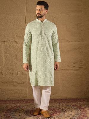 Men green viscose rayon solid embroidered straight kurta with pant set 2
