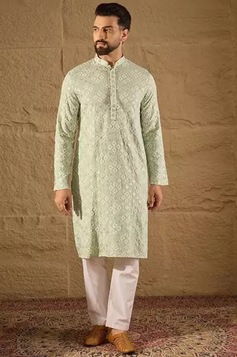 Men green viscose rayon solid embroidered straight kurta with pant set