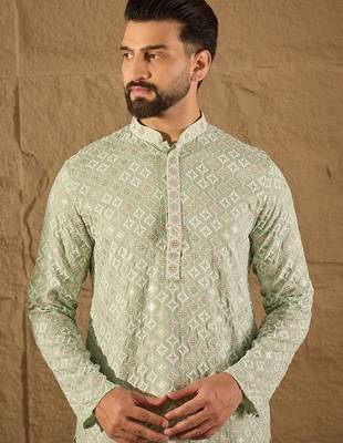 Men green viscose rayon solid embroidered straight kurta with pant set 3