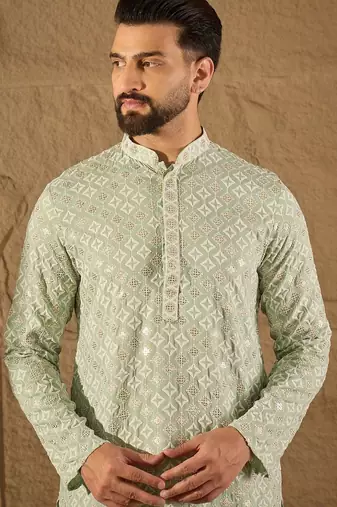 Men green viscose rayon solid embroidered straight kurta with pant set