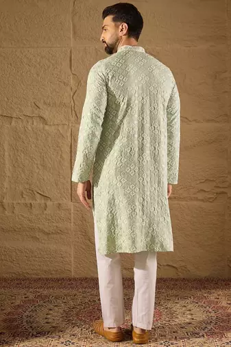 Men green viscose rayon solid embroidered straight kurta with pant set