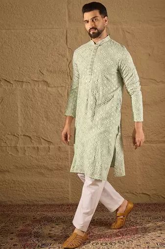 Men green viscose rayon solid embroidered straight kurta with pant set