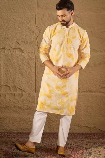 Men yellow viscose rayon abstract embroidered straight kurta with trouser