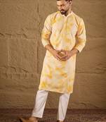 Men yellow viscose rayon abstract embroidered straight kurta with trouser
