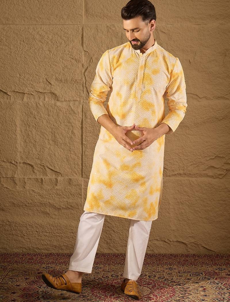 Men yellow viscose rayon abstract embroidered straight kurta with trouser