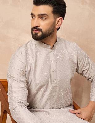 Men grey silk geometric printed straight kurta with pant set 1