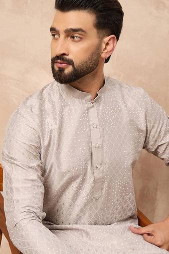 Men grey silk geometric printed straight kurta with pant set