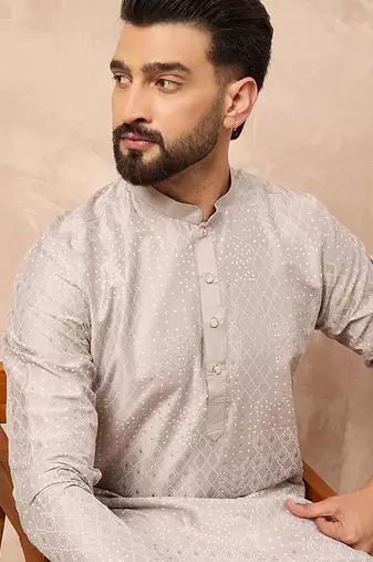 Men grey silk geometric printed straight kurta with pant set