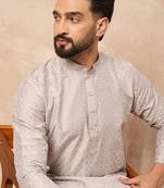 Men grey silk geometric printed straight kurta with pant set