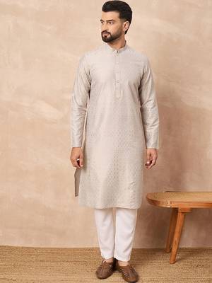 Men grey silk geometric printed straight kurta with pant set 2