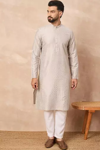 Men grey silk geometric printed straight kurta with pant set