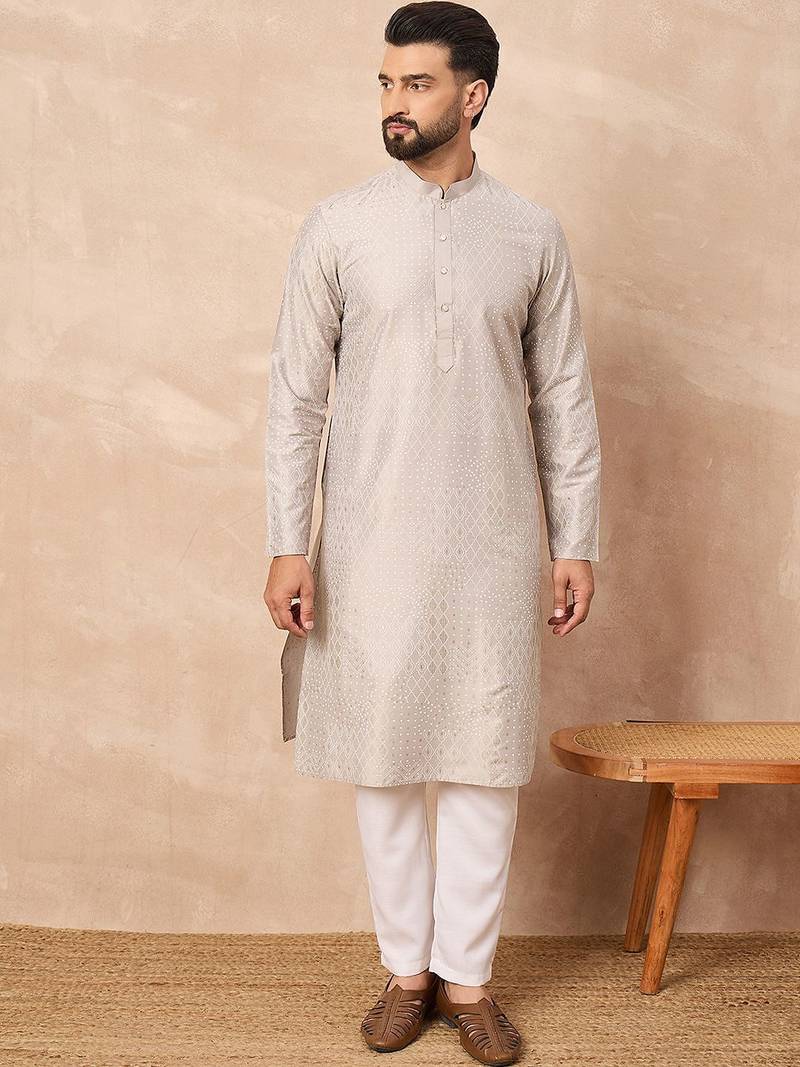 Men grey silk geometric printed straight kurta with pant set