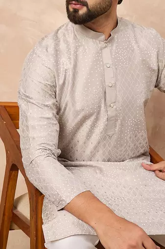 Men grey silk geometric printed straight kurta with pant set
