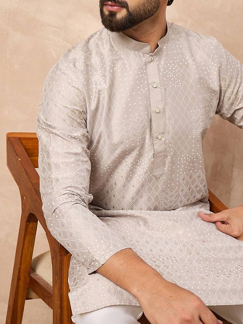 Men grey silk geometric printed straight kurta with pant set