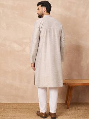 Men grey silk geometric printed straight kurta with pant set 4